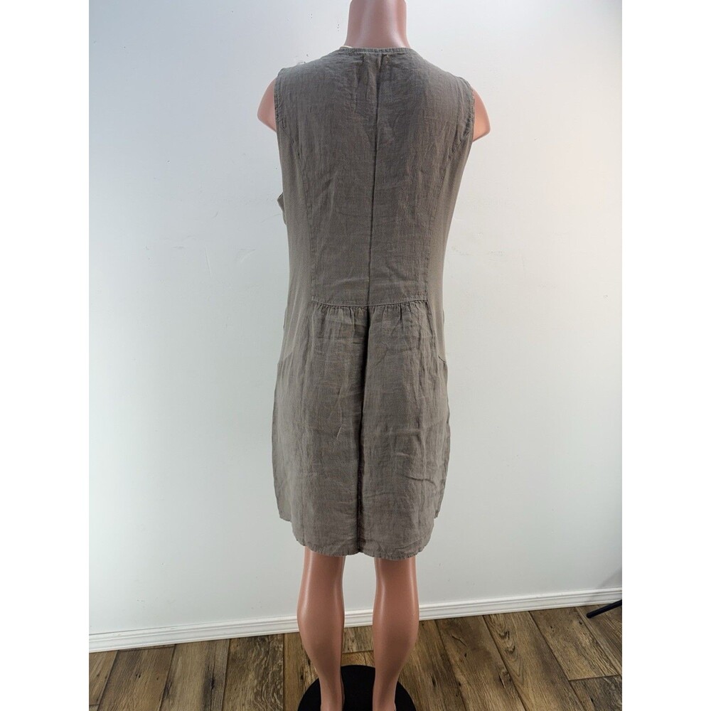 Lina Tomei Italy 100% Linen  Women Dress L Gray Beaded Sleeveless Shift V Neck - Picture 5 of 14